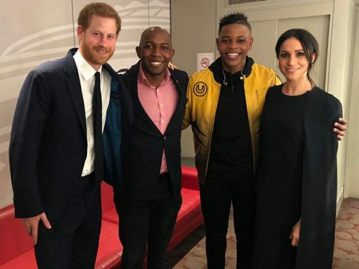 Donel Mangena with Prince Harry his father Nkosana and Meghan Markle