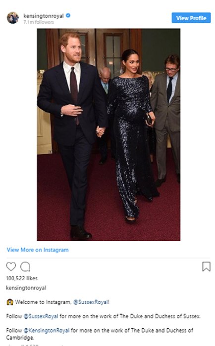 Kensington Palace's official account welcomed Harry and Meghan to Instagram