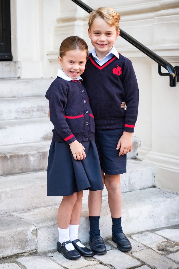 George And Charlotte Pose For A Sibling Portrait On First Day Of School