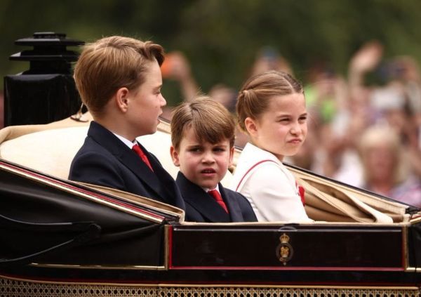 George, Charlotte And Louis Wave At The Crowds At Trooping The Colour 2023 
