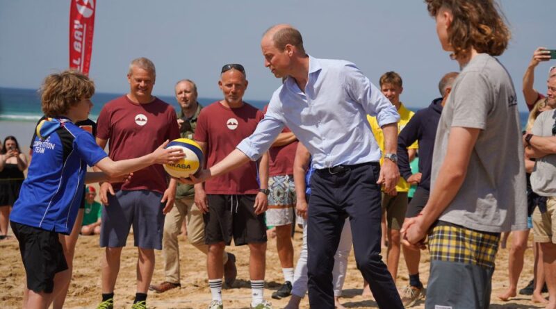 Prince William Plays Volleyball During Visit To Cornwall Beach